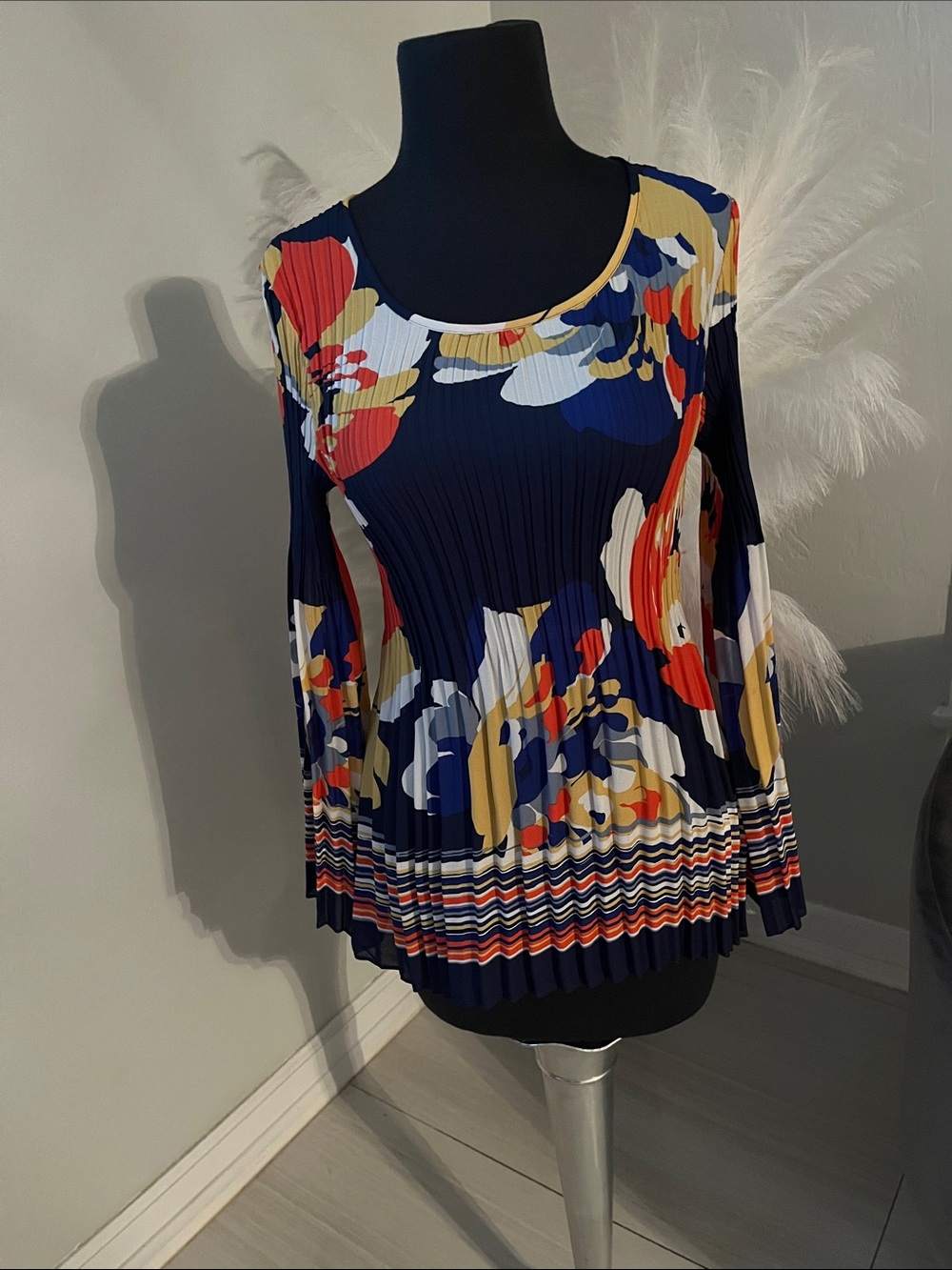 Melissa Paige Navy Floral Pleated Long-Sleeve Tee with Red and Yellow Accents